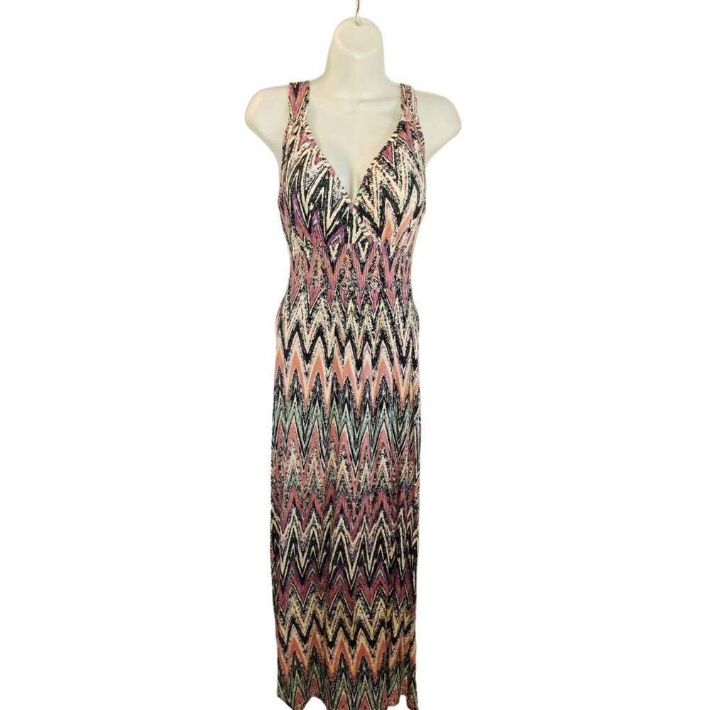 Loveappella Maxi Dress XS Pink Black Chevron boho summer stretchy resortcore